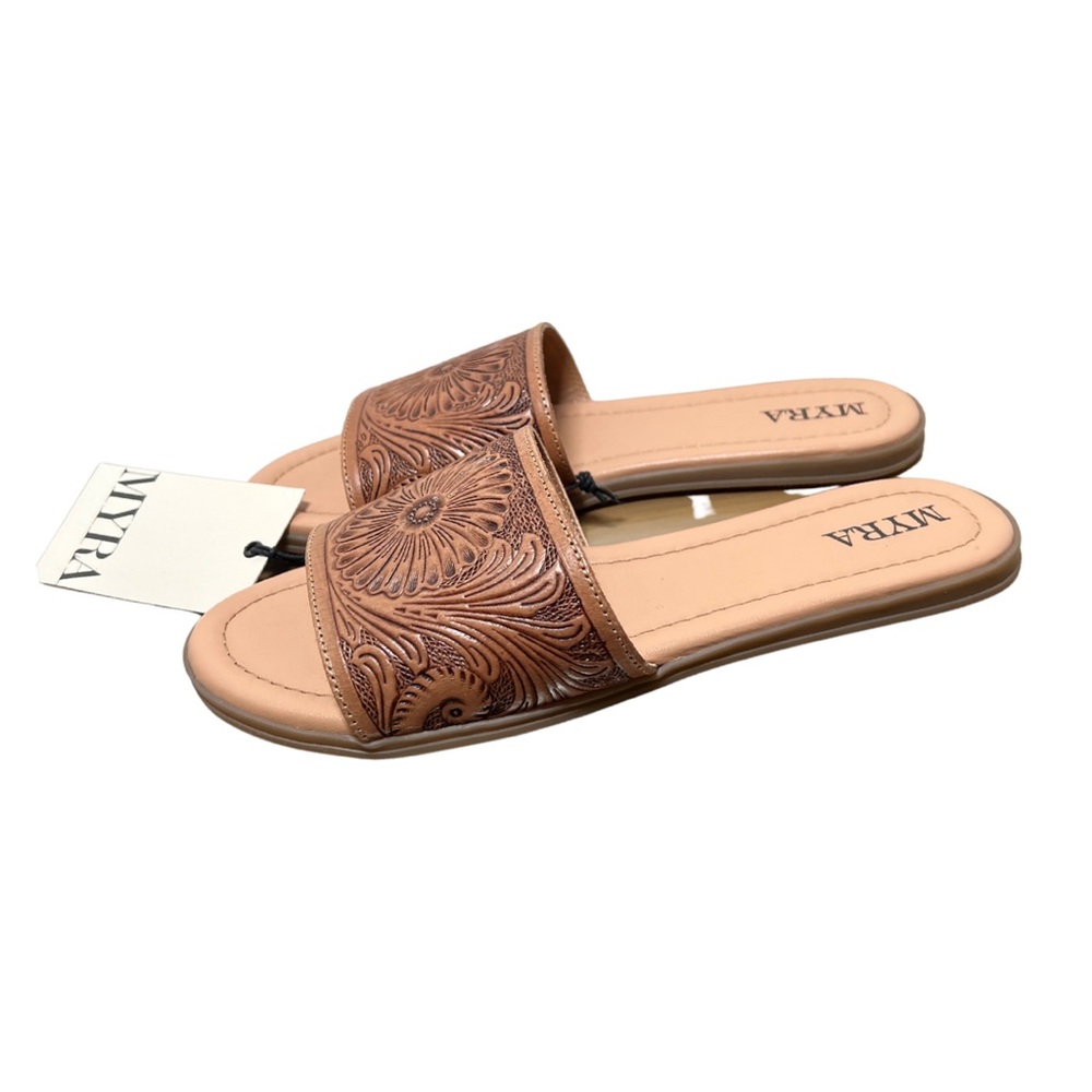 Myra Bag Wappal Western Hand Tooled Brown Leather Sandal Slides sz 8